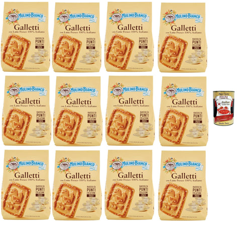 Mulino Bianco Biscotti Galletti 12 x 350 g Italy Biscuits Cookies Cake, Breakfast Biscuits, Biscuits with Fresh Milk, 100% Italian + Italian Gourmet Polpa 400 g