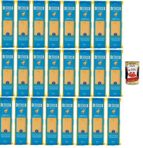 De Cecco Linguine No. 7 Durum Wheat Pasta 24 x 500 g – Bronze Wire Drawing Slow Drying ~18 h, Rough Texture – Cooking 12 Minutes (al Dente 10 Min) – Made in Italy + Italian Gourmet Polpa 400 g