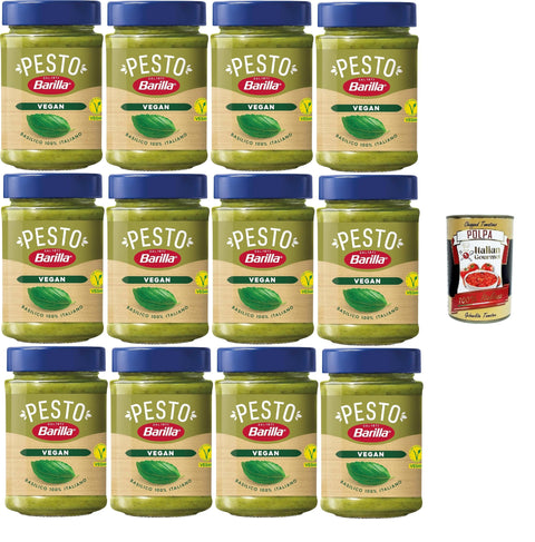 Barilla Pesto Vegan - 12 × 195 g Glass, Basil Pesto without Cheese, V-Label, 100% Italian Basil, Creamy, Storage Pack + Italian Gourmet Polpa