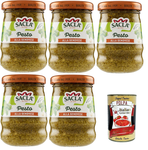 Saclà, Genoese Pesto, Spice for Pasta and to Enrich Your Dishes with Fresh Italian Basil, Glass, 5 x 90 g + Italian Gourmet Polpa 400 g