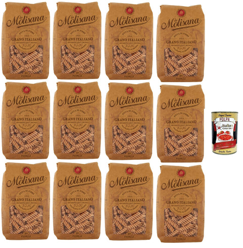 La Molisana Pasta Integrale Fusilli n°28 Whole Grain Pasta, 100% Italian Wheat, Bronze Paste 12 x 500 g Pack + Italian Gourmet Polpa 400 g