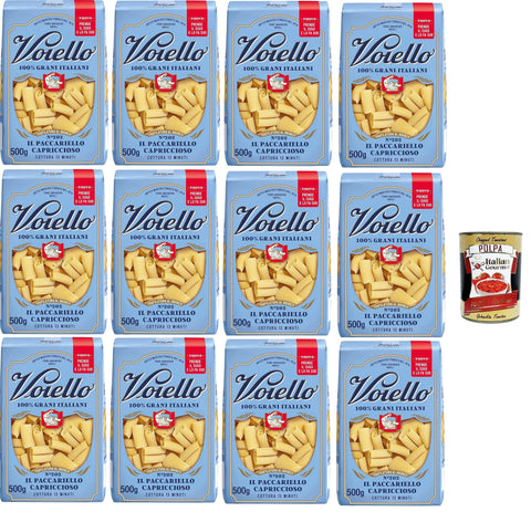 Voiello Il Paccariello Capriccioso No. 202 – 100% Italian Wheat, Bronze-Drawn, Premium Pasta from Gragnano, 12 x 500 g + Italian Gourmet Polpa 400 g