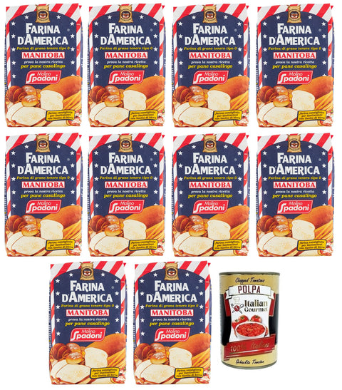 10 x Molino Spadoni Farina Flour Type 0 American Type Manitoba, Ideal for Bread, Pizza, Focaccia, Cakes, Biscuits and Desserts, 1 kg + Italian Gourmet Polpa di Pomodoro 400 g Tin