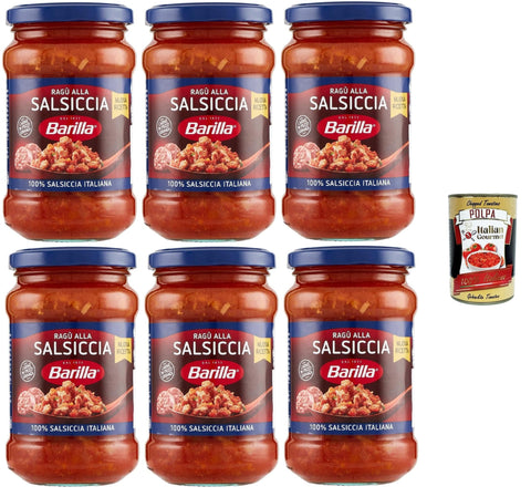 Barilla Ragù alla Salsiccia, Italian Sausage Sauce, 6 x 300 g Glasses, + Italian Gourmet Polpa 400 g