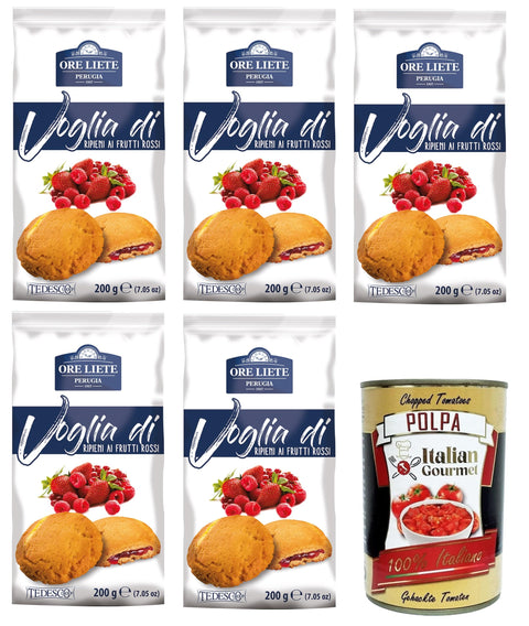 Ore Liete Perugia- Voglia Di Biscotti di frolla ripieniai frutti rossi Fancy Shortcrust Biscuits Filled with Red Fruits 5 x 200 g + Italian Gourmet Polpa 400 g
