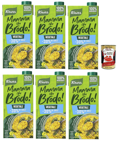 Knorr Mamma Che Brodo! Vegetable Broth with -30% Salt, Natural Ingredients and Vegetables from Sustainable Agriculture, Gluten-Free and Lactose, 1L + Italian Gourmet Polpa 400g, Pack of 6