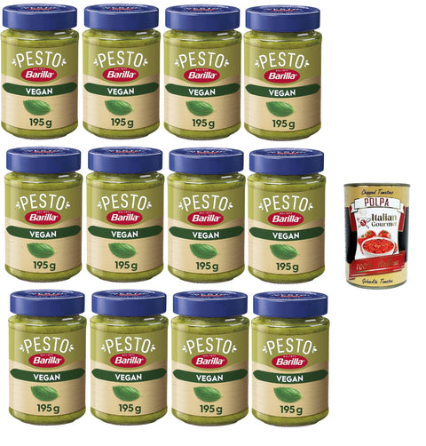 Barilla Pesto Basilico Vegan 12 x 195 g, Gluten-Free Italian Pasta Sauce with Basil and Cashews, Vegetarian Noodle Sauce, Green Pesto + Italian Gourmet Polpa 400 g