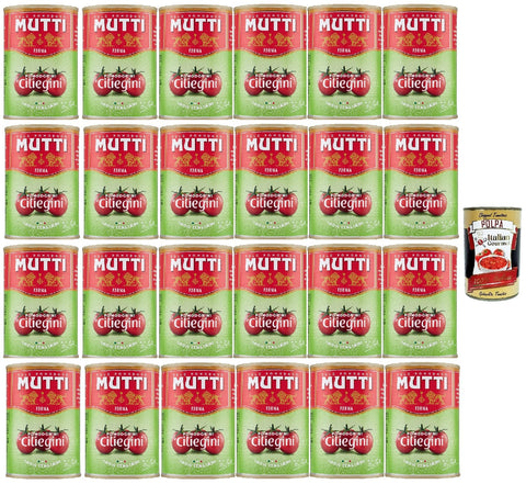 Mutti Pomodorini Ciliegini Cherry Tomatoes Tomato Sauce 100% Italian, Cherry Tomatoes, 100% Italian Tomatoes, 24 x 400 g + Italian Gourmet Polpa 400 g
