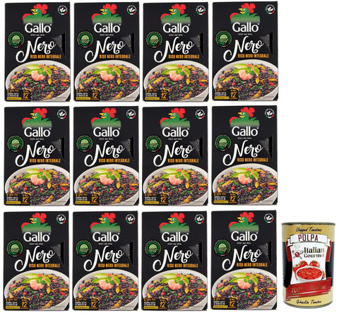 12 x Riso Gallo Riso Nero Integrale, Whole Grain Black Rice, 100% Italian Rice, 500 g Pack + Italian Gourmet Polpa di Pomodoro 400 g Tin