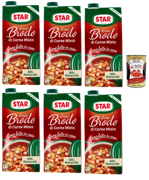 Star Il Mio Brodo di Carne Mista, 6 x 1 L, Ready-Made Liquid Broth, 100% Natural, No Preservatives, Gluten-Free and Added Glutamate-Free + Italian Gourmet Polpa 400 g
