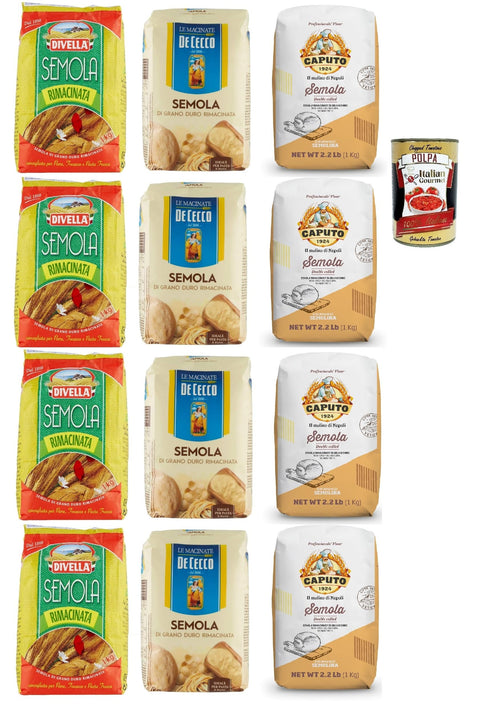 Semola Rimacinata Divella De Cecco Caputo Durum Wheat Flour for Pasta & Pizza 12 x 1 kg + Italian Gourmet Polpa 400 g