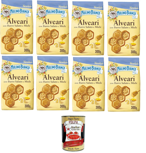 Mulino Bianco Alveari, Biscotti con Burro Salato e Miele Biscuits with Salted Butter and Honey 8 x 300 g Italian Gourmet Polpa 400 g