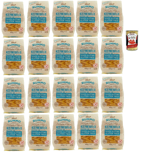 Rummo Pasta Noodles Gluten-Free Mezze Penne Rigate N° 28, Bronze Drawn Gluten-Free, Perfect for People with Celiac Disease or Gluten Intolerance, 20 x 400 g + Italian Gourmet Polpa 400 g