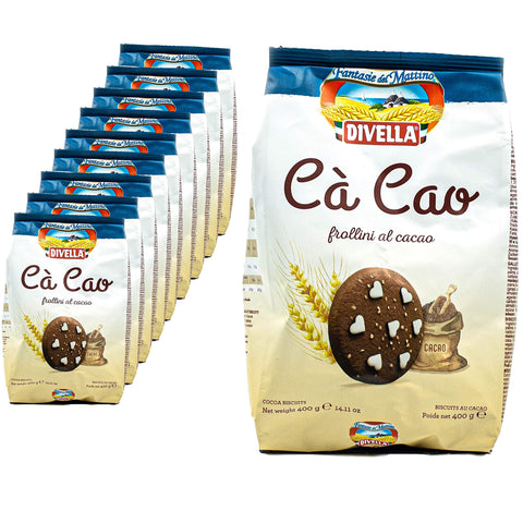 Divella - Pack of 10 Cà Cao Frollini al Cacao in 400 g Pack - Biscuits Chip Cookies Butter Biscuits with Cocoa and Sugar Crystals Finished Traditional Italian (Sweets from Italy)