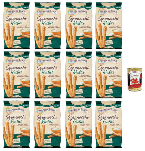 Mulino Bianco Grissini Sgranocchi Rustici - Crispy Breadsticks with Spelled, Rye, Linseed & Sunflower Seeds - 12 x 200 g + Italian Gourmet Polpa 400 g