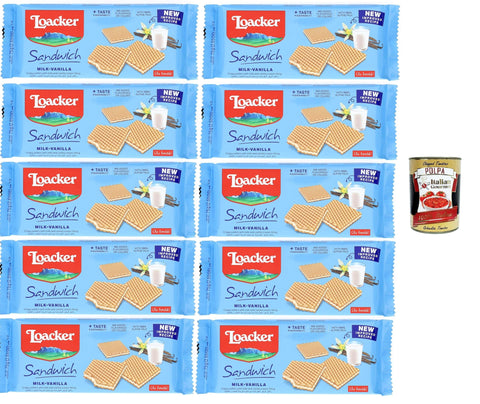 Loacker - Milk Vanilla Sandwich - Waffle Biscuits with a Heart of Milk and Vanilla Cream Wrapped by 2 Crispy Cocoa Wafers 10 x 75 g + Italian Gourmet Polpa di Pomodoro 400 g