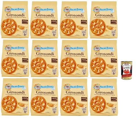 Mulino Bianco Girotondi Biscotti con Granelli di Zucchero di Canna, Biscuits with Sugar Grains, Palm Oil, Breakfast Full Flavour, Buscits Cookies 12 x 800 g + Italian Gourmet Polpa 400 g
