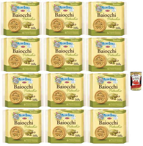 Mulino Bianco Baiocchi Pistacchio, Pistachio Biscuits, Pistachio Pastry, Biscuits with Pistachios and Shortcrust Dough, Ideal for Breakfast or Snack, Palm Oil Free, 12 x 168 g + Italian Gourmet Polpa