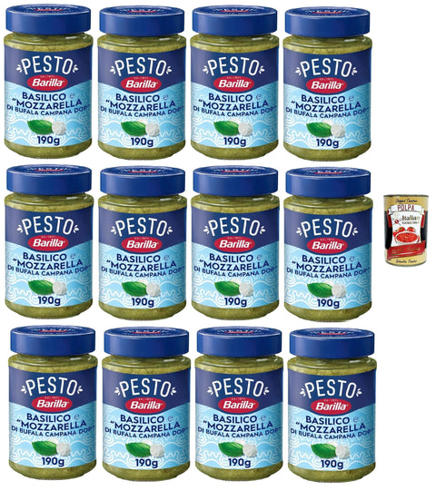 Barilla Pesto Basilico e Mozzarella di Bufala Campana DOP, Spice and Sauce for Pasta, 12 x 190 g + Italian Gourmet Polpa 400 g