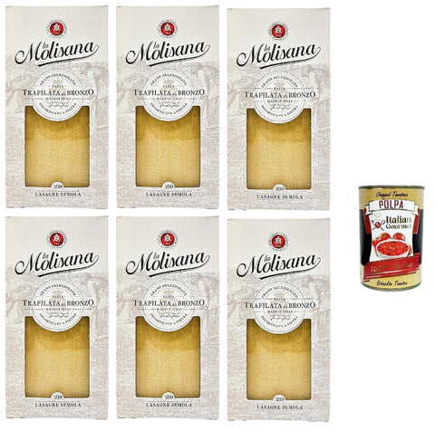 La Molisana Lasagne Semola N. 219 Pasta Lenta Lavorazione Pasta Made of Durum Wheat Semolina Bronze Drawing 6 x 500 g + Italian Gourmet Polpa 400 g