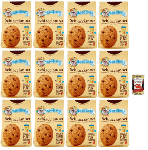 Mulino Bianco Schiaccianoci Biscotti con Frutta Secca e Cioccolato Fondente, Biscuits with Dried Fruits and Dark Chocolate, Biscuits Cookies 12 x 300 g + Italian Gourmet Polpa 400 g