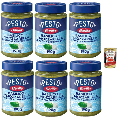 Barilla Pesto Basilico with Buffalo Mozzarella DOP, 190 g, Pack of 6, Gluten Free + Italian Gourmet Polpa 400 g