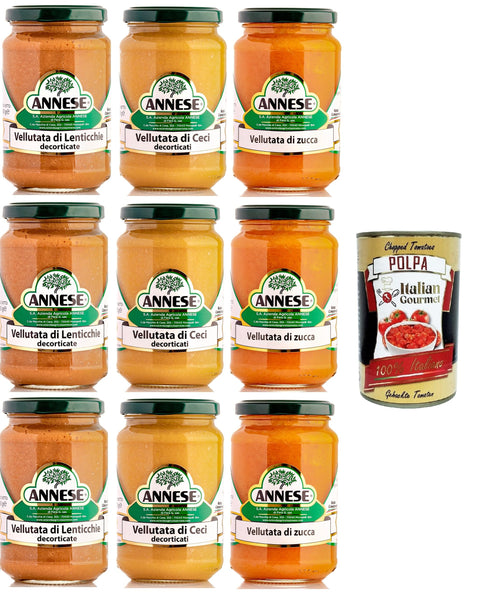 Annese Test Pack Vellutata di Lenticchie, Ceci Decorticati e Zucca Velvet Soup of Lentils, Peeled Chickpeas and Pumpkin 9 x 360 g + Italian Gourmet Polpa 400 g