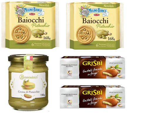 Test Pack Mulino Bianco Baiocchi Biscuits with Pistachio 168 g + Brontedolci Pistachio Cream 190 g + 2 x Matilde Vicenzi Grisbi Pistacchio Biscuits with Pistachio Cream Filling Biscuits Cookies 150 g