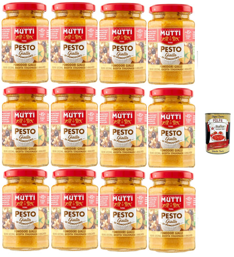 Mutti Pesto di Pomodoro Giallo, Pesto with Yellow Tomatoes, Olives, Experienced Ricotta and Anacardi 12 x 190 g + Italian Gourmet Polpa 400 g