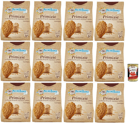 Mulino Bianco Primizie Biscotti con Farina Integrale Macinata a Pietra, Biscuits with 100% Full Flour, Breakfast Full Fibre and Flavour, 12 x 700 g + Italian Gourmet Polpa 400 g