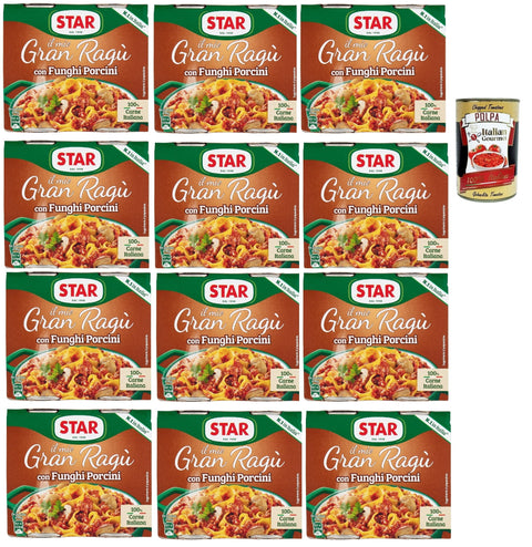 Star Il mio Gran ragù 'Con Funghi Porcini', ragu sauce with porcini mushrooms, N.1 in Italy, with 100% Italian meat, 12 packs of 2 cans of 180 g + Italian Gourmet polpa 400 g